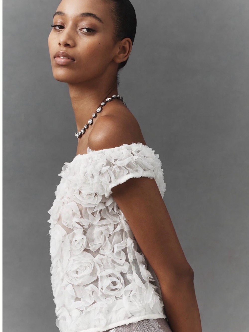 Anthropologie White Off-Shoulder 3D Floral Appliqué Top - Picture 2 of 6